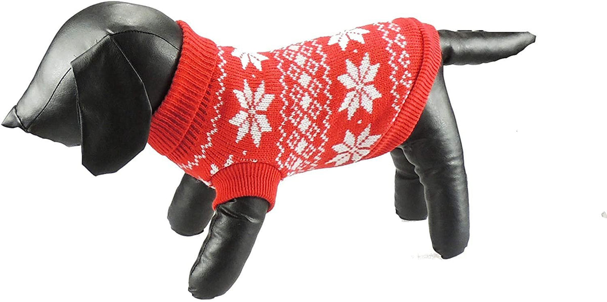 SMALL DOG ONLY Doggy Puppy Kitten Outfit Warm Walking Christmas Winter Girl Boy Knitted Wooly Jumper Coat Clothes Hoodies Ideas Pullover Sweater Apparel Red Snowflakes Fair Isle