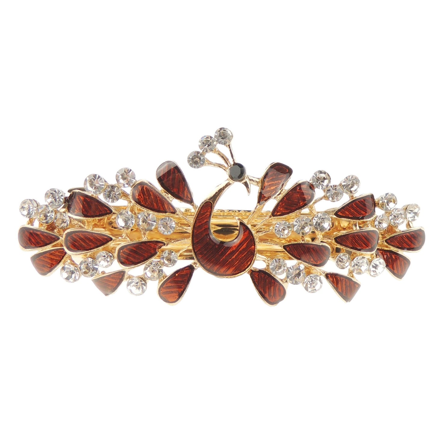 Womens Girls Crystal Rhinestone Diamante Wedding Birthday Party Evening Ponytail Fine Medium Hair Occasion Barrette Hairpin Grip French Spring Clip Metal Enamel Peacock Bird Feathers (Brown)