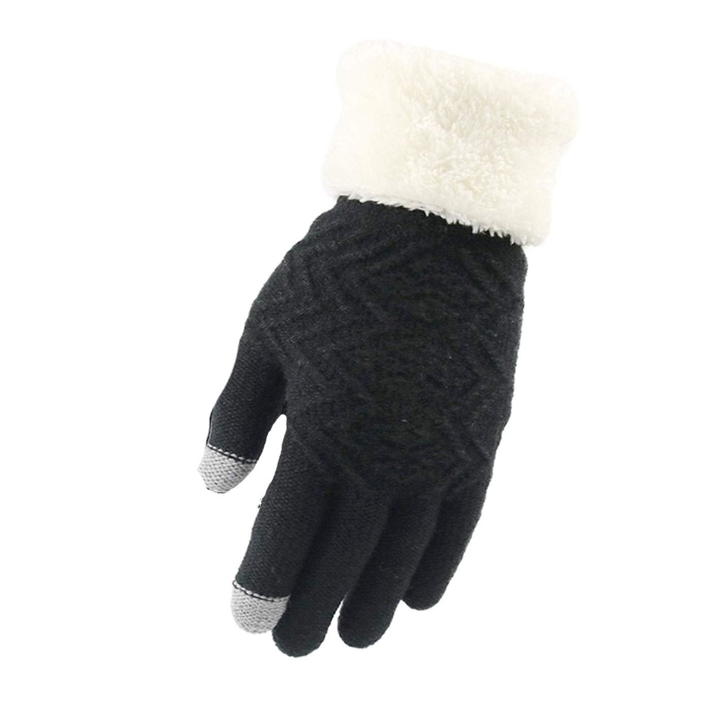 Soft Ladies Womens Girls Thick Knitted Crochet Thermal Fleece Lined Cold Weather Winter Ski Hiking Outdoor Gift Hand Warmers Touch Screen Mittens Christmas Birthday Full FInger Gloves (Black Cream)