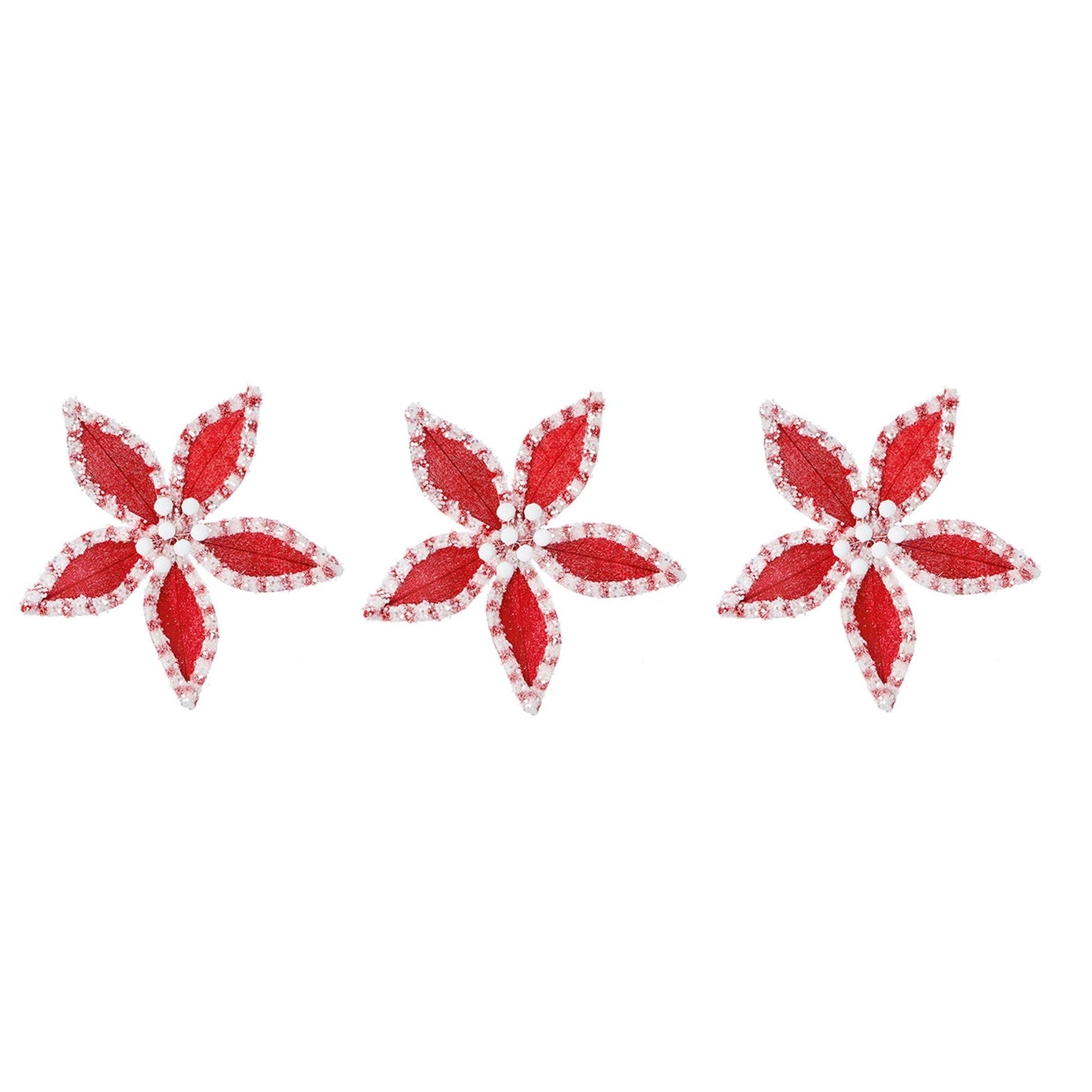 Set of 3 Velvet Sequin Edge Red White Poinsettia Flower Clip Christmas Tree Floral Pick Ornament Xmas Decor Garland Wreath Decoration