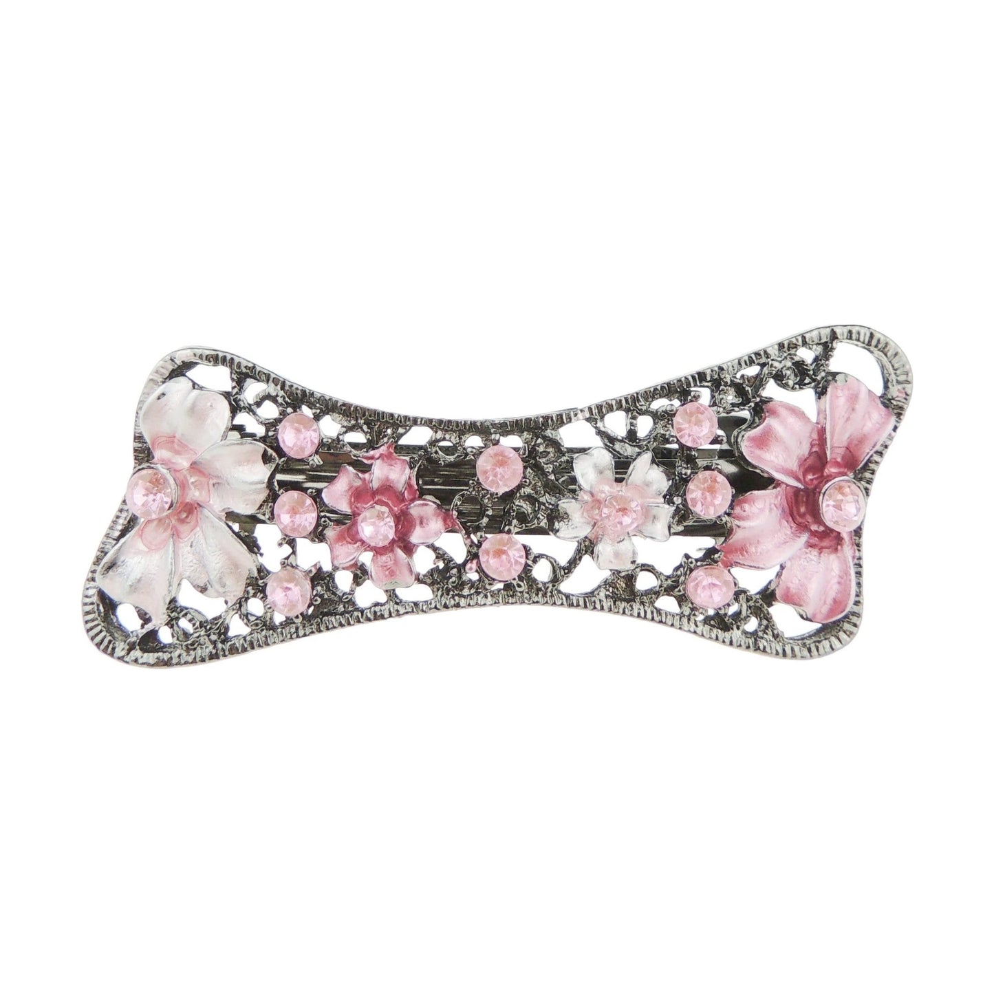 Womens Girls Crystal Rhinestone Diamante Wedding Birthday Party Evening Ponytail Fine Medium Hair Accessories Occasion Barrette Hairpin Grip French Spring Clip Vintage Look Silver Tone Floral Flower Enamel Bow