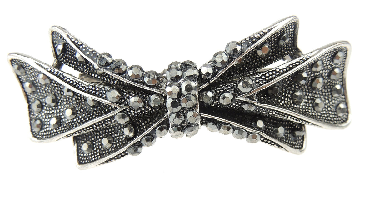 Womens Girls Vintage Look Crystal Rhinestone Diamante Wedding Birthday Party Evening Ponytail Fine Medium Hair Accessories Occasion Barrette Hairpin Silver Tone Metal French Spring Clip Bow