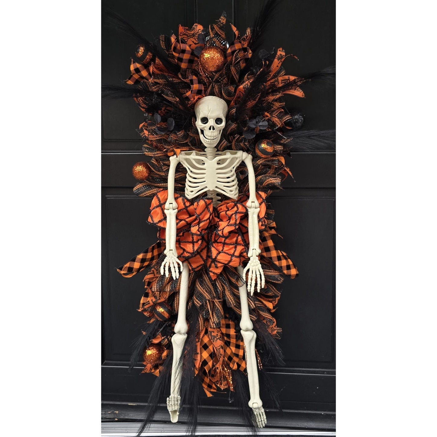 XXL Skeleton Orange Halloween Front Door Wreath Gothic Hanger Wall Porch Hanger Handmade House Home Decor Decorations Whimsical Skelly Glam