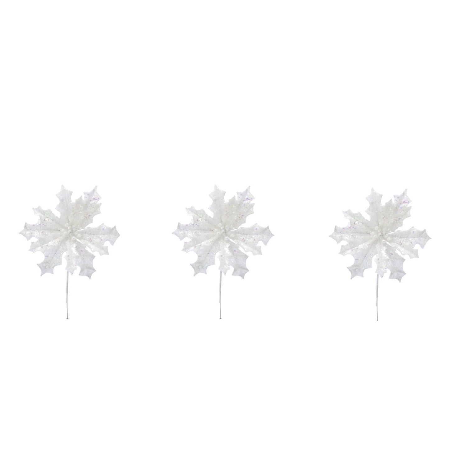Set of 3 Sparkly Glitter White Poinsettia Flower Christmas Tree Floral Pick Ornament Xmas Decor Garland Wreath Decoration