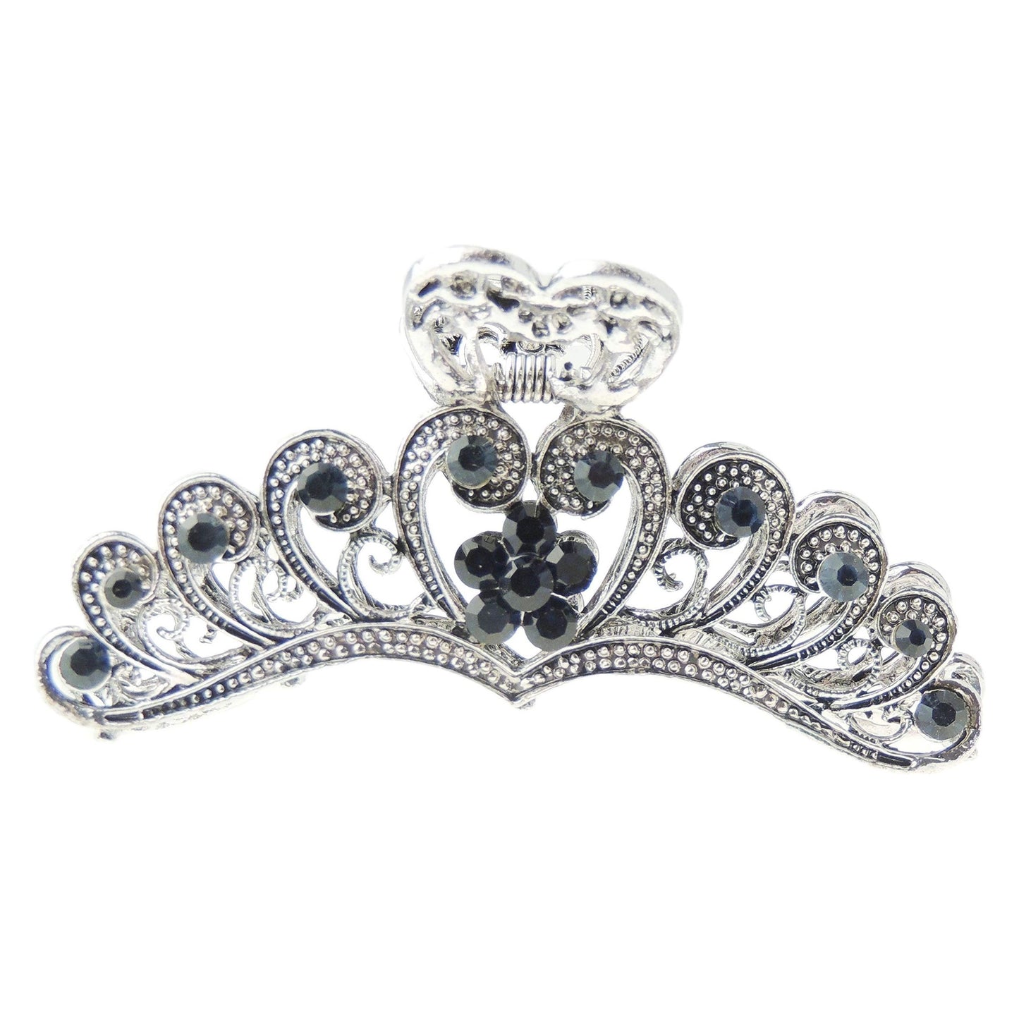 Ladies Grey Metal Crystal Rhinestone Diamante Large Narrow Hair Claw Clamp Clip Swirly Scroll Heart