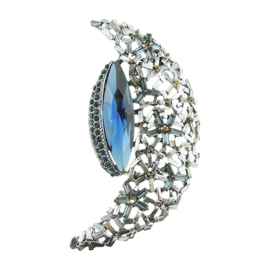 Sparkly Womens Wedding Christmas Birthday Coat Scarf Coat Jacket Shawl Mother Groom Bride Diamante Crystal Rhinestone Brooch Badge Breastpin Pin Gift Silver Tone Half Moon Light Navy