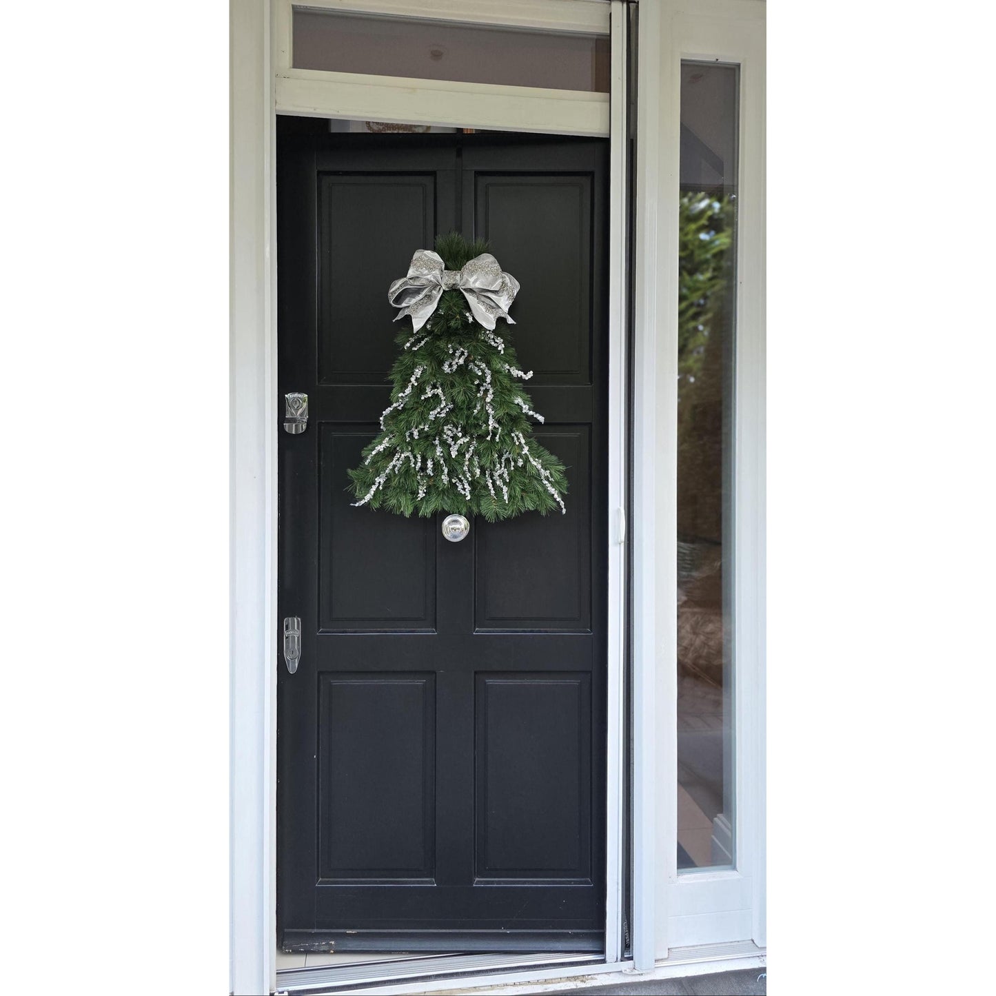 Large Luxury Christmas Tree Shaped Wreath Front Door Home Decorations Silver Green Xmas Winter Mantle Decor Porch Holiday Swag Designer Glam