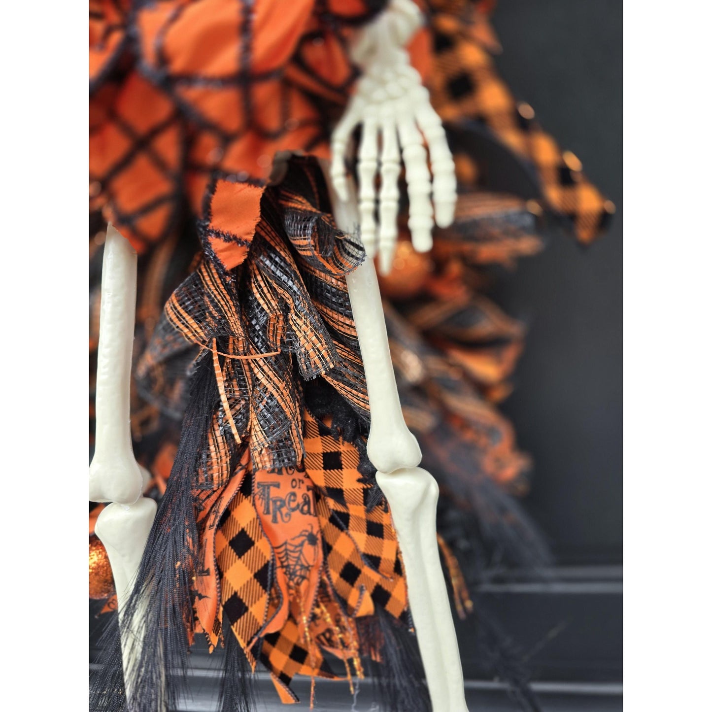 XXL Skeleton Orange Halloween Front Door Wreath Gothic Hanger Wall Porch Hanger Handmade House Home Decor Decorations Whimsical Skelly Glam