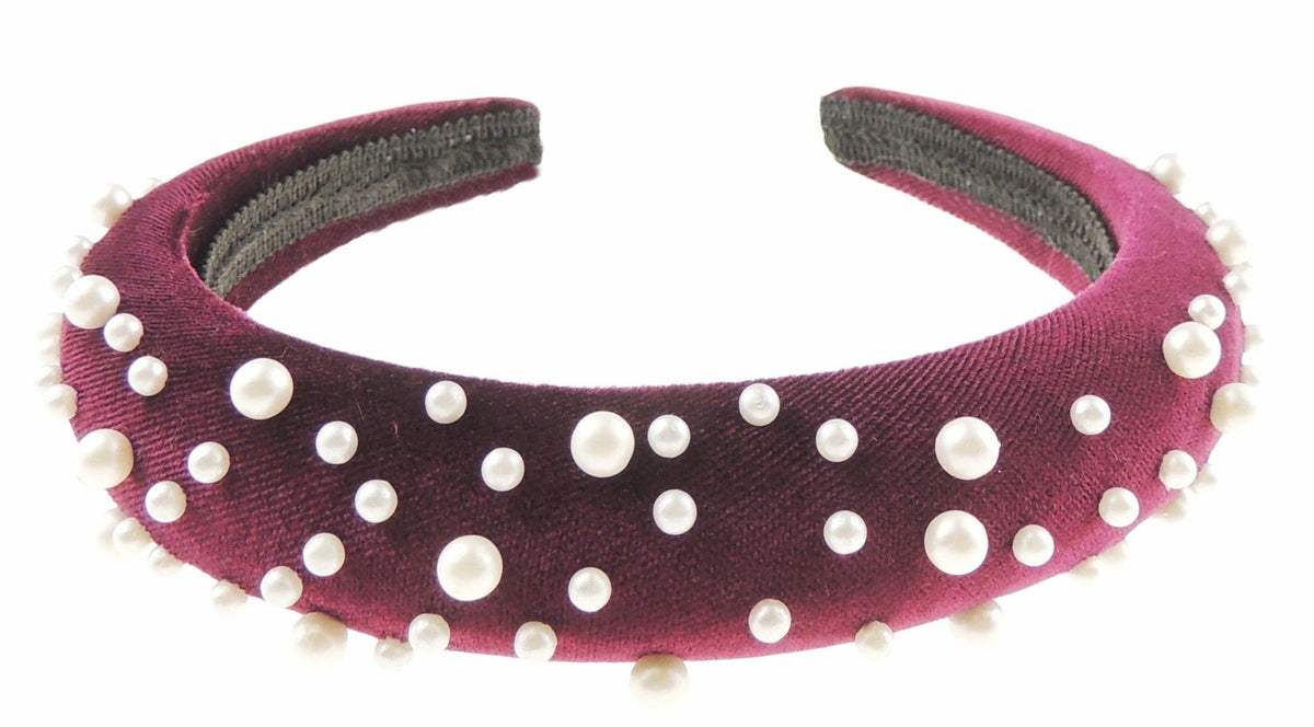 Ladies Evening Velvet Faux Pearl Encrusted Bump Padded Headband Alice Band (Burgundy)