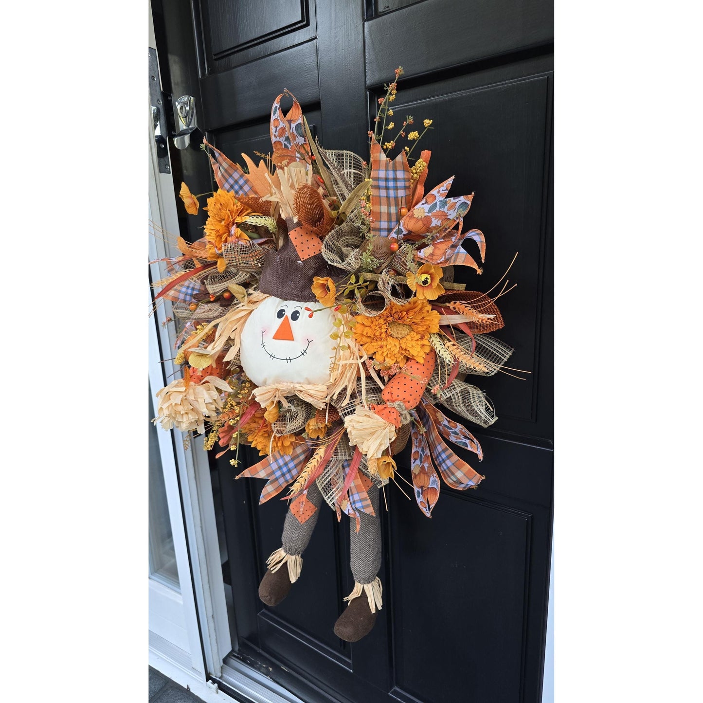 Large Autumn Fall Orange Scarecrow Harvest Front Door Wreath Luxury Rustic Wall Porch Hanger House Home Decor Decorations Thanksgiving Boho