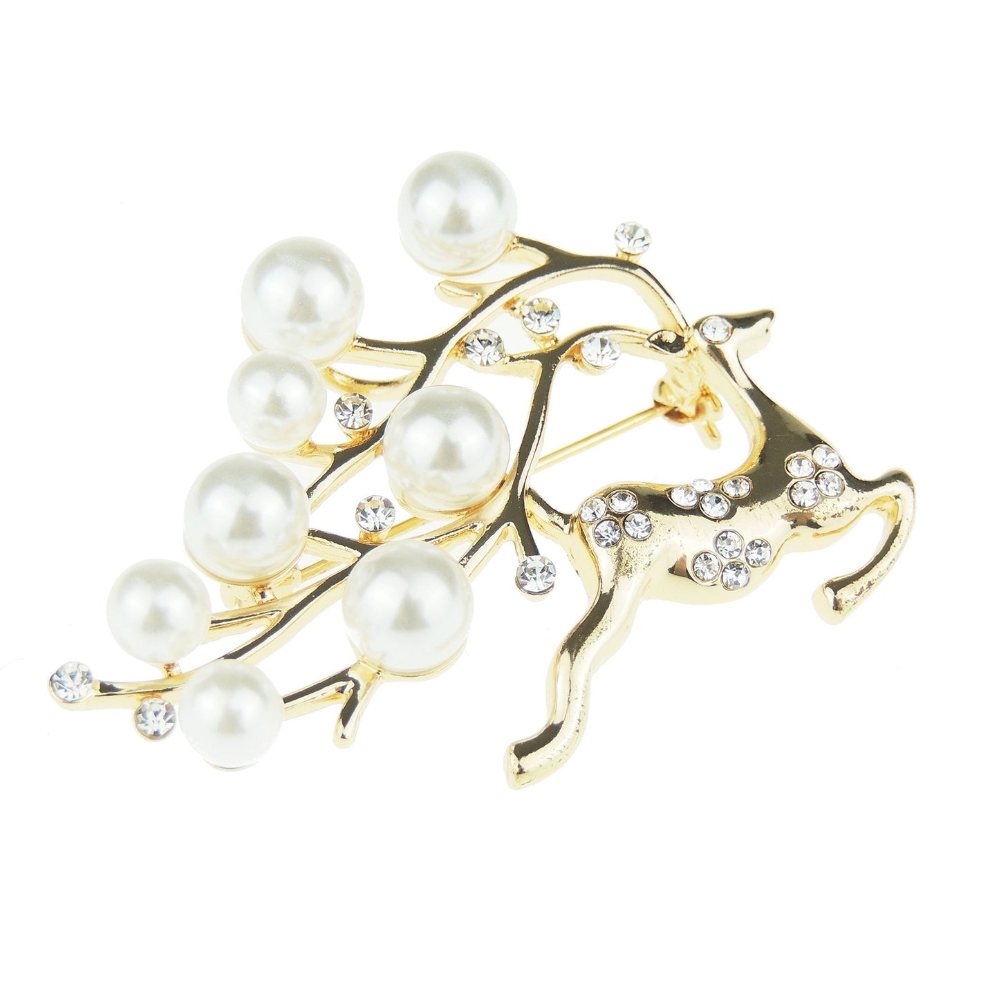 Ladies Men's Sparkly Diamante Crystal & Faux Pearl Christmas Lapel Brooch Pin Prancing Reindeer (Gold)