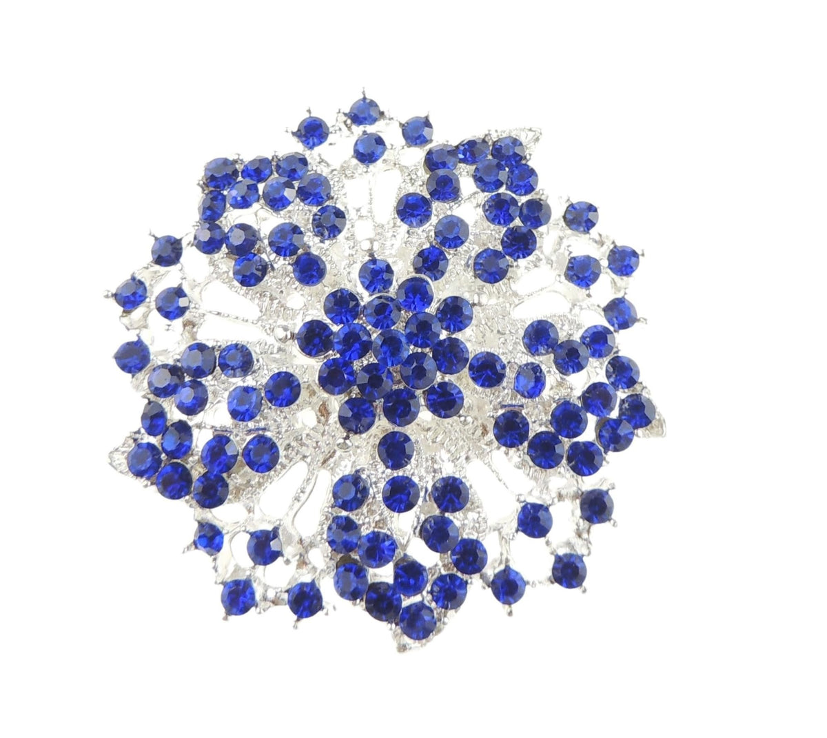 Womens Sparkly Bridal Wedding Christmas Birthday Gift Scarf Mother Bride Diamante Crystal Brooch Badge Breastpin Corsage Pin Round Bouquet Starburst Flower Silver Royal Blue
