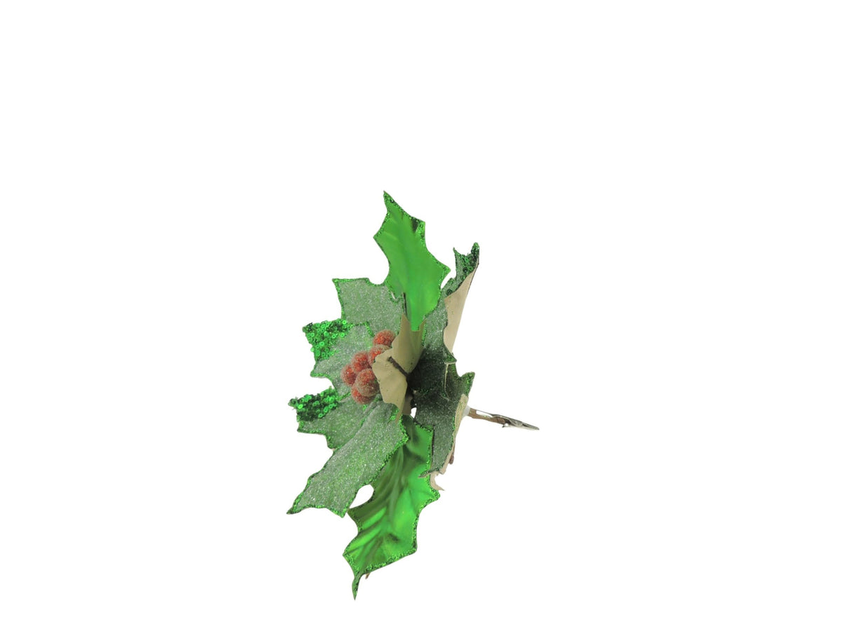 Set of 3 Metallic Green Red Glitter Sequin Clip Poinsettia Flower Christmas...