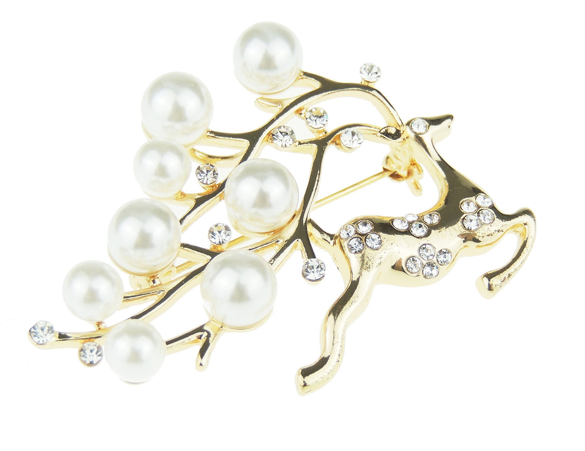 Ladies Men's Sparkly Diamante Crystal & Faux Pearl Christmas Lapel Brooch Pin Prancing Reindeer (Gold)
