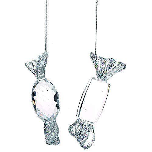 Festive Set of 4 x Hanging Clear and Silver Glitter Acrylic Jewel Candy Sweets 10cm - Sparkly Christmas Tree Decoration Bauble