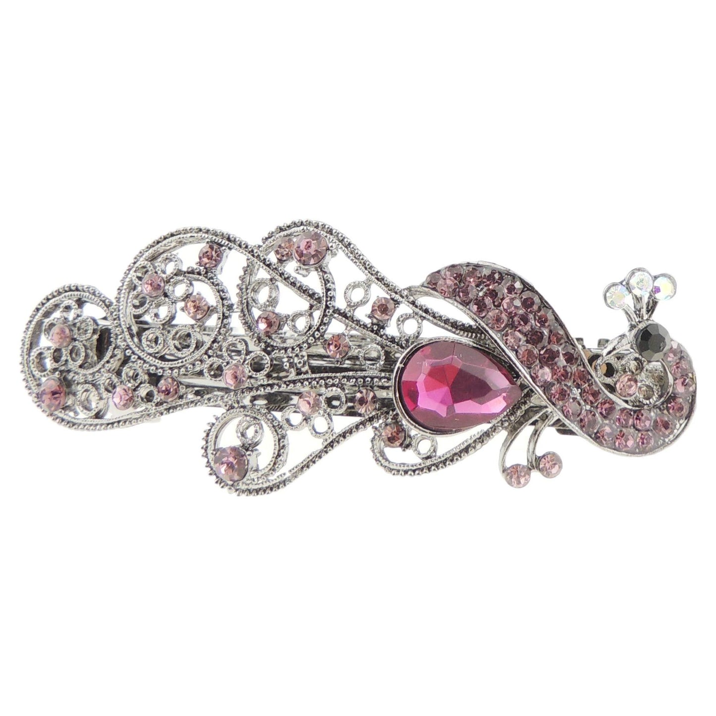 Womens Girls Vintage Look Crystal Rhinestone Diamante Wedding Birthday Party Evening Ponytail Fine Medium Hair Accessories Occasion Barrette Hairpin Silver Tone Metal French Spring Clip Peacock