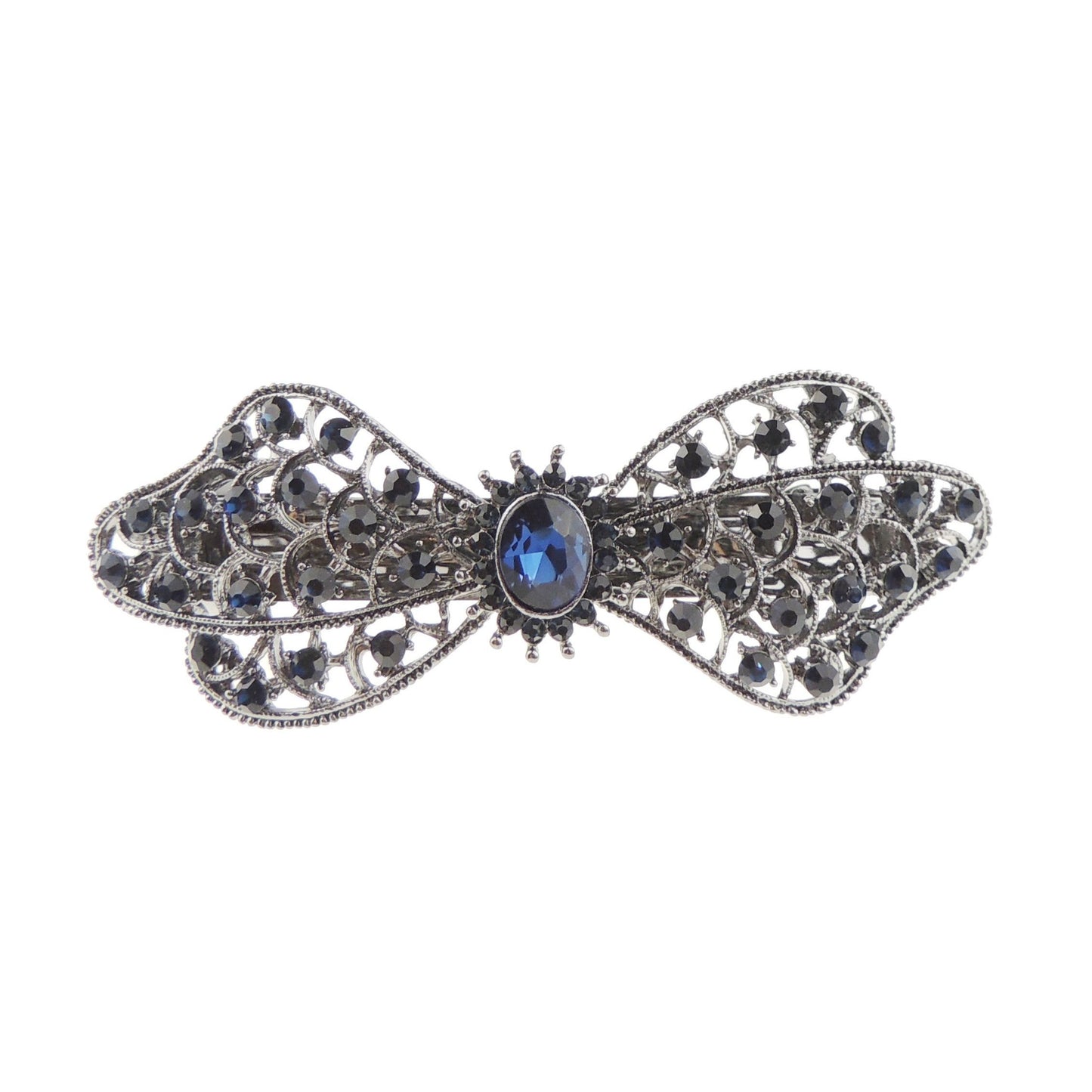 Womens Girls Vintage Look Crystal Rhinestone Diamante Wedding Birthday Party Evening Ponytail Fine Medium Hair Accessories Occasion Barrette Hairpin Silver Tone Metal French Spring Clip Round Bow
