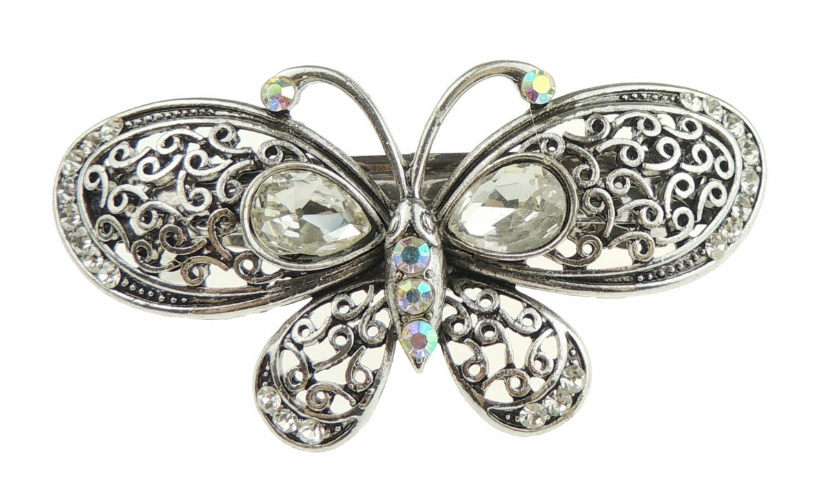 Womens Girls Vintage Look Crystal Rhinestone Diamante Wedding Birthday Party Evening Ponytail Fine Medium Hair Accessories Occasion Barrette Hairpin Silver Tone SMALL Metal French Spring Clip Butterfly