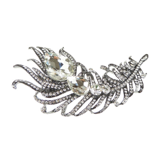 Sparkly Womens Vintage Look Bridal Wedding Birthday Gift Saree Scarf Mother Bride Groom Diamante Crystal Brooch Badge Breastpin Corsage Pin Statement LARGE Bouquet Feather (Clear)