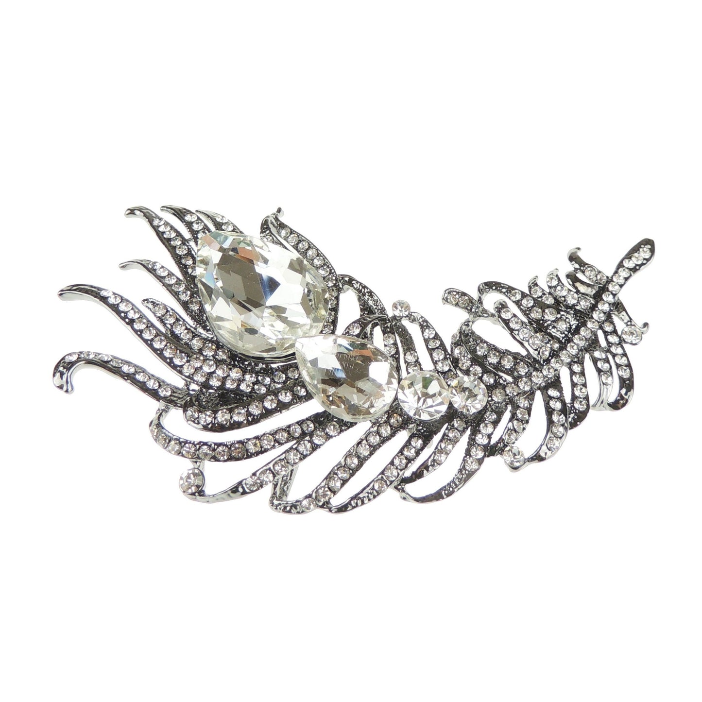 Sparkly Womens Vintage Look Bridal Wedding Birthday Gift Saree Scarf Mother Bride Groom Diamante Crystal Brooch Badge Breastpin Corsage Pin Statement LARGE Bouquet Feather (Clear)