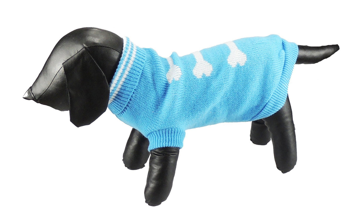 Cute Funny SMALL DOG ONLY Doggy Puppy Kitten Outfit Warm Everyday Walking Winter Girl Jumper Coat Clothes Hoodies Costume Ideas Pullover Wooly Knitted Sweater Apparel Baby Blue White Bones XXL