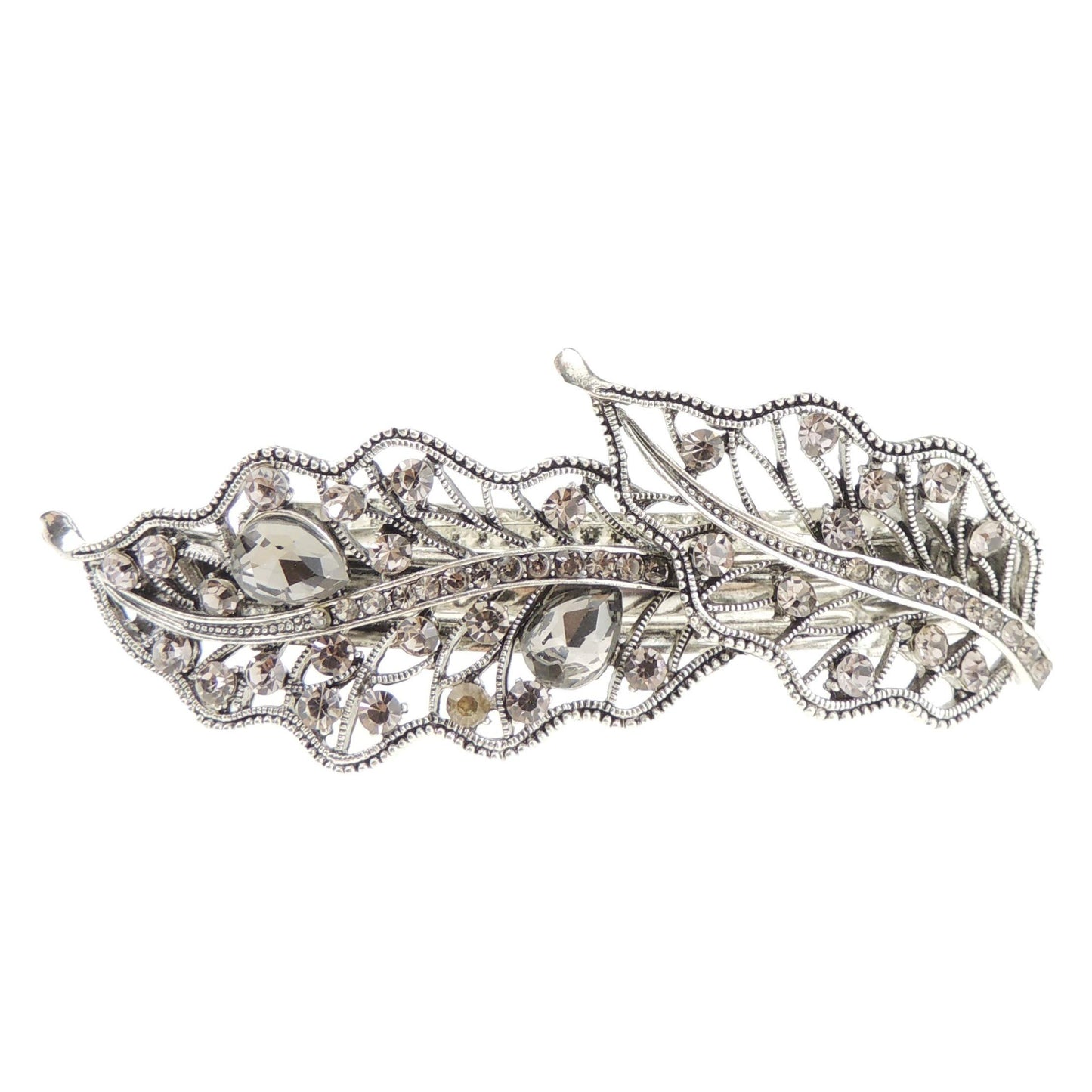Vintage Look Womens Girls Crystal Rhinestone Diamante Wedding Bridal Party Evening Ponytail Fine Hair Accessories Occasion Barrette Hairpin Grip French Metal Spring Clip Leaf Leaves Silver Tone