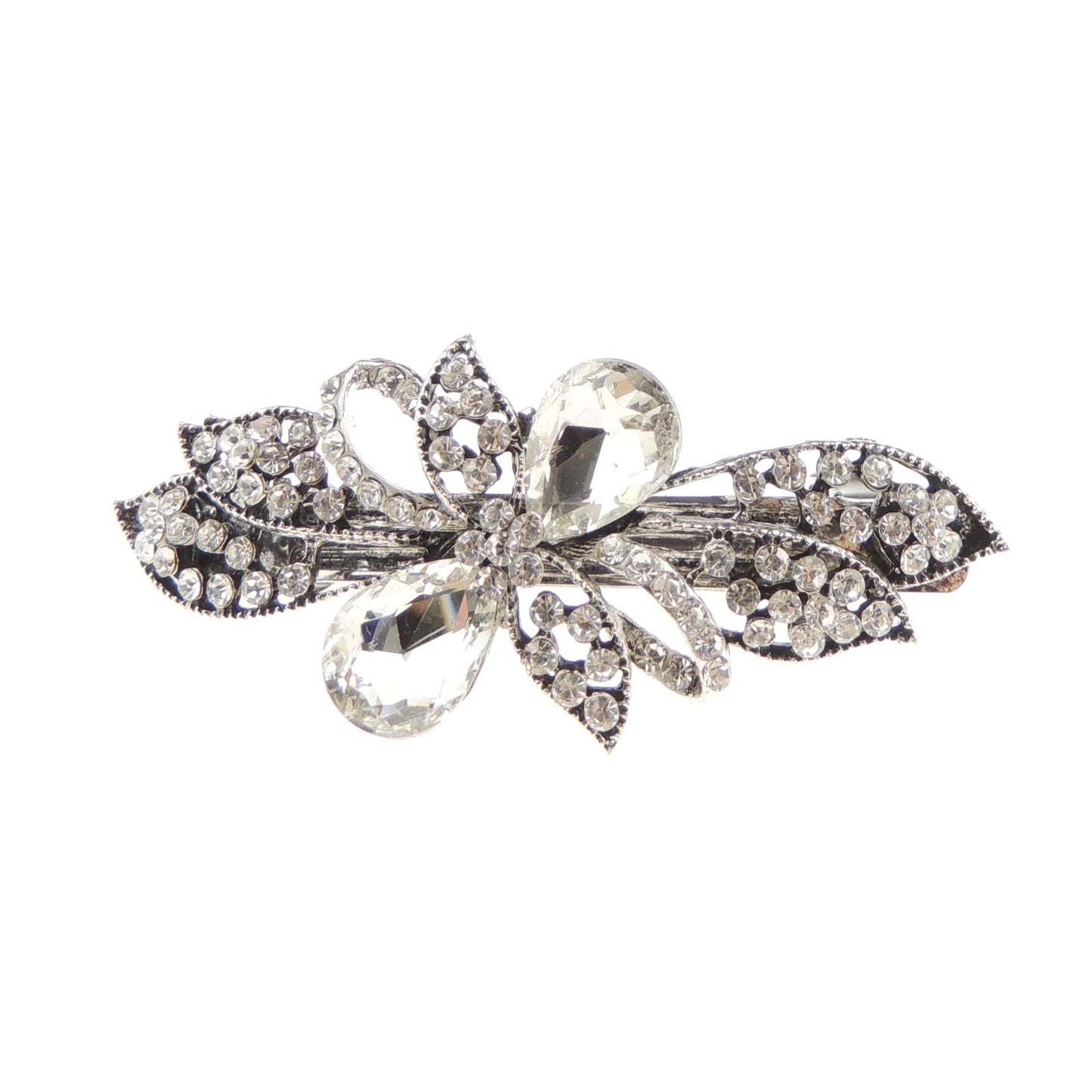 Womens Girls Crystal Rhinestone Diamante Wedding Birthday Party Evening School Ponytail Fine Medium Silver Tone Hair Accessories Occasion Barrette Hairpin Grip French Spring Clip Small Bow