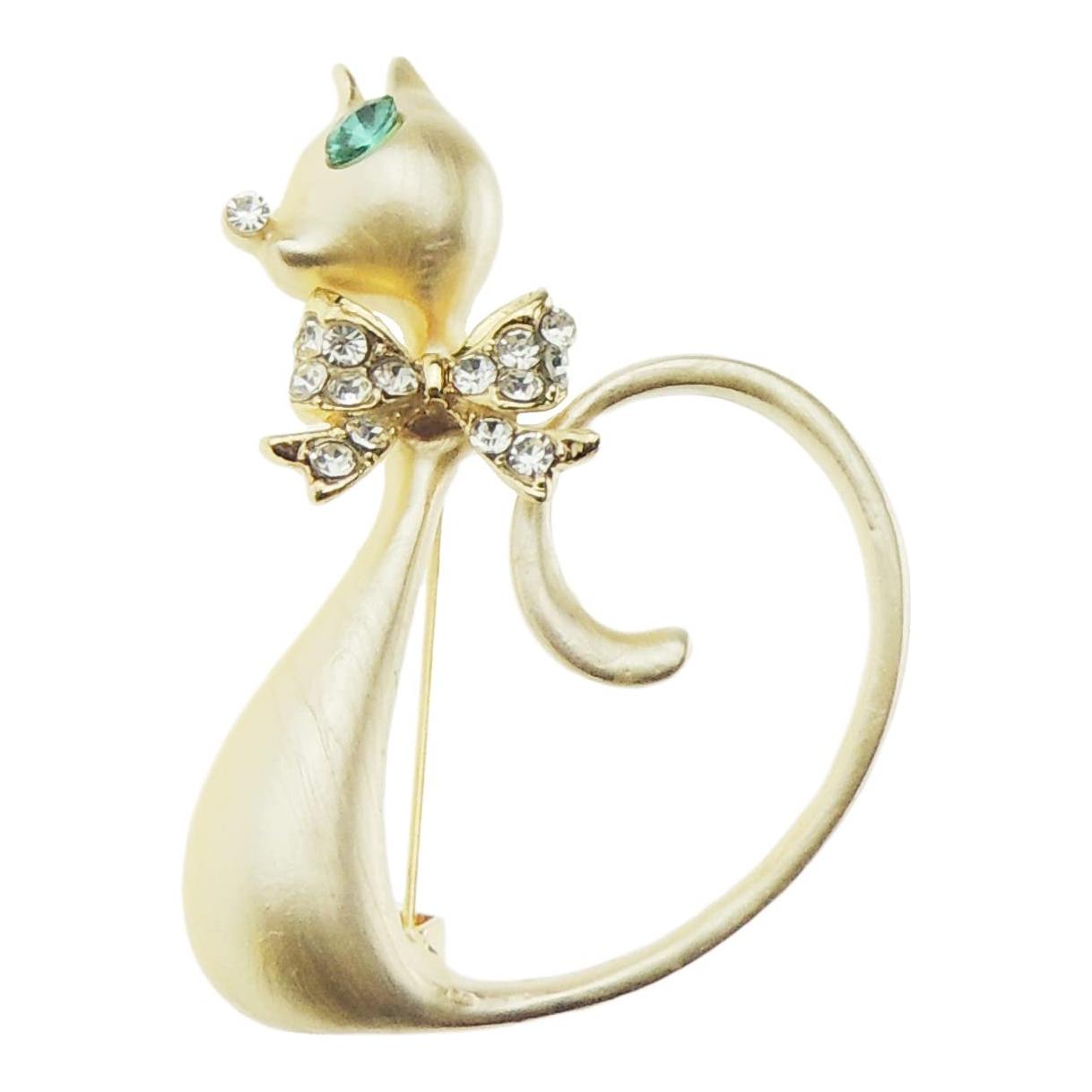 Formal Lapel Scarf Brooch Crystal Cat Tail Curled Up Enamel Green Eyes (Black)