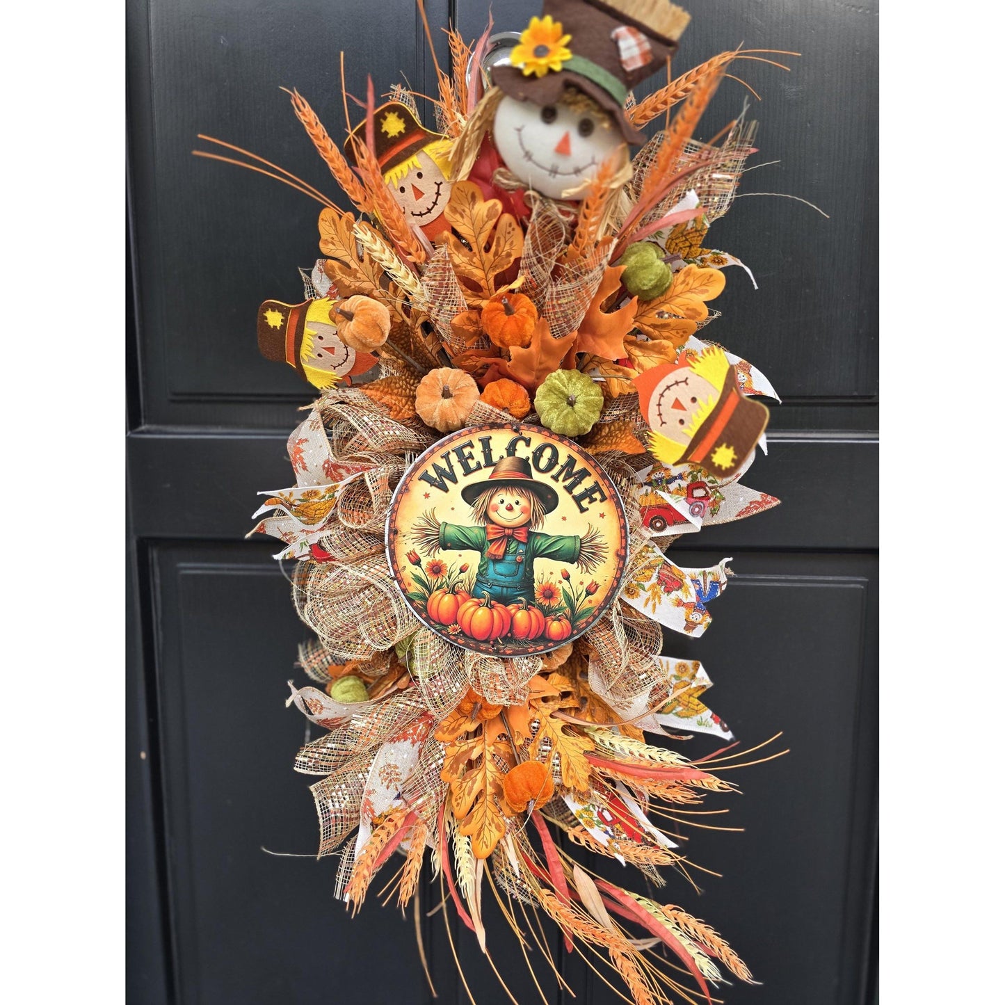 XL Autumn Fall Orange Scarecrow Harvest Front Door Wreath Luxury Rustic Wall Porch Hanger House Home Decor Decorations Thanksgiving Boho
