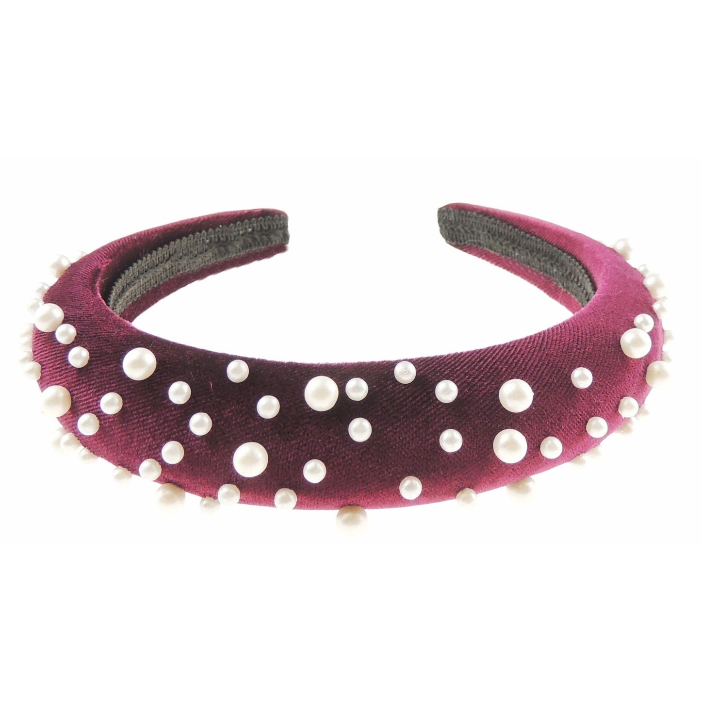 Ladies Evening Velvet Faux Pearl Encrusted Bump Padded Headband Alice Band (Burgundy)
