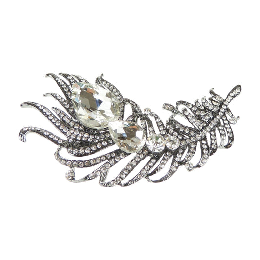 Sparkly Womens Vintage Look Bridal Wedding Birthday Gift Saree Scarf Mother Bride Groom Diamante Crystal Brooch Badge Breastpin Corsage Pin Statement LARGE Bouquet Feather (Clear)