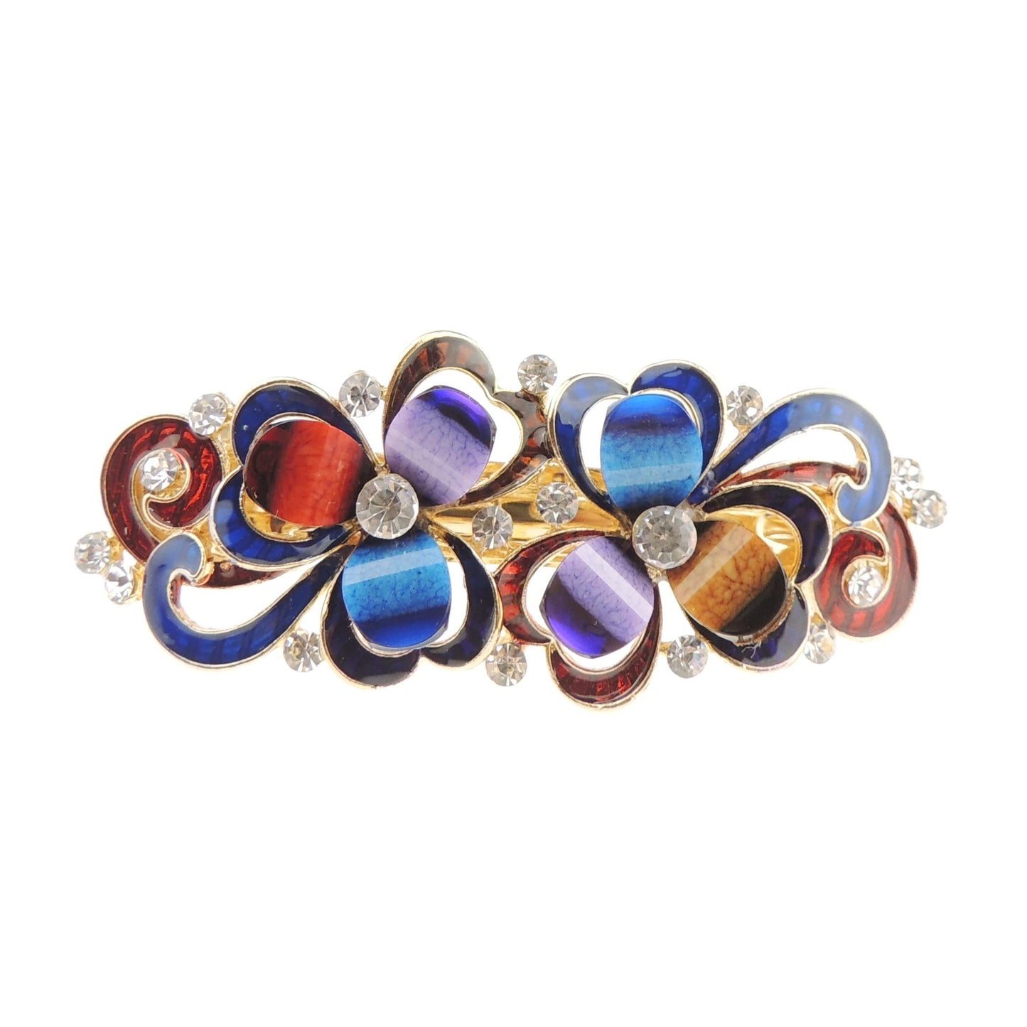 Ladies Enamel & Diamante Evening Occasion Stencil Hair Barrette Clip Two Flowers Blue