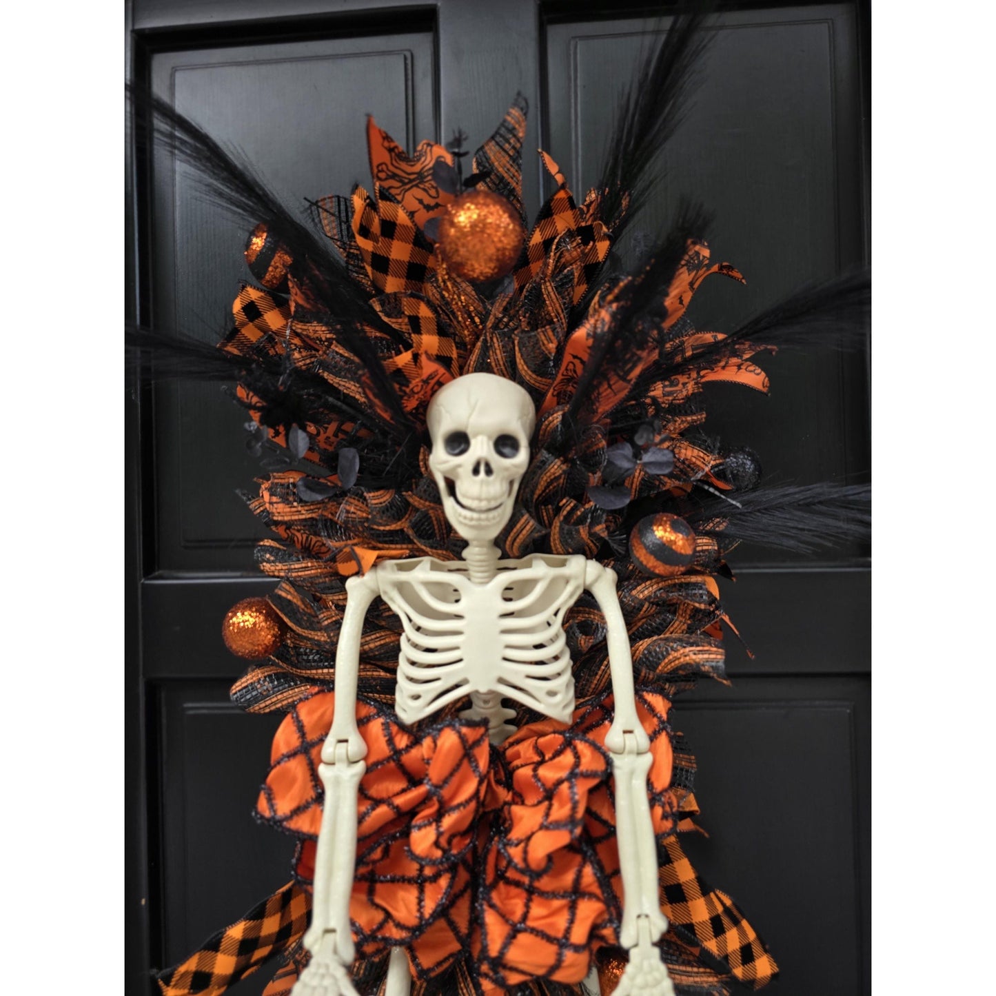 XXL Skeleton Orange Halloween Front Door Wreath Gothic Hanger Wall Porch Hanger Handmade House Home Decor Decorations Whimsical Skelly Glam