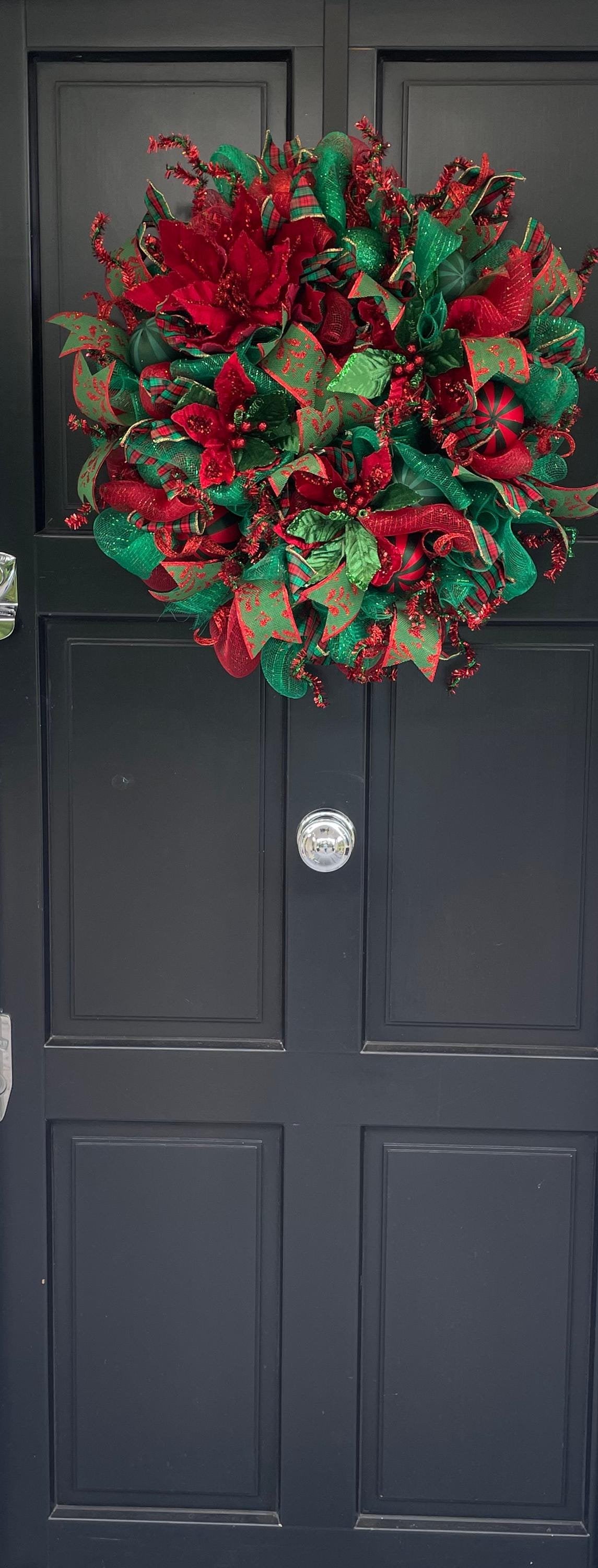 Traditional Red and Green Christmas Wreath Front Door,Classic Holiday Door Decor,Festive Handmade Winter Wreath,Velvet Poinsettia Wreath