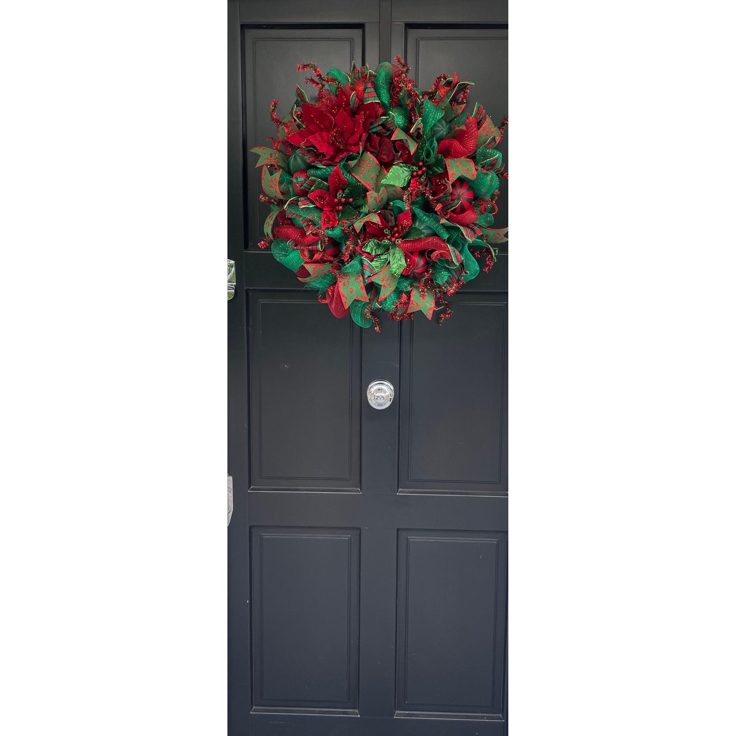 Traditional Red and Green Christmas Wreath Front Door,Classic Holiday Door Decor,Festive Handmade Winter Wreath,Velvet Poinsettia Wreath