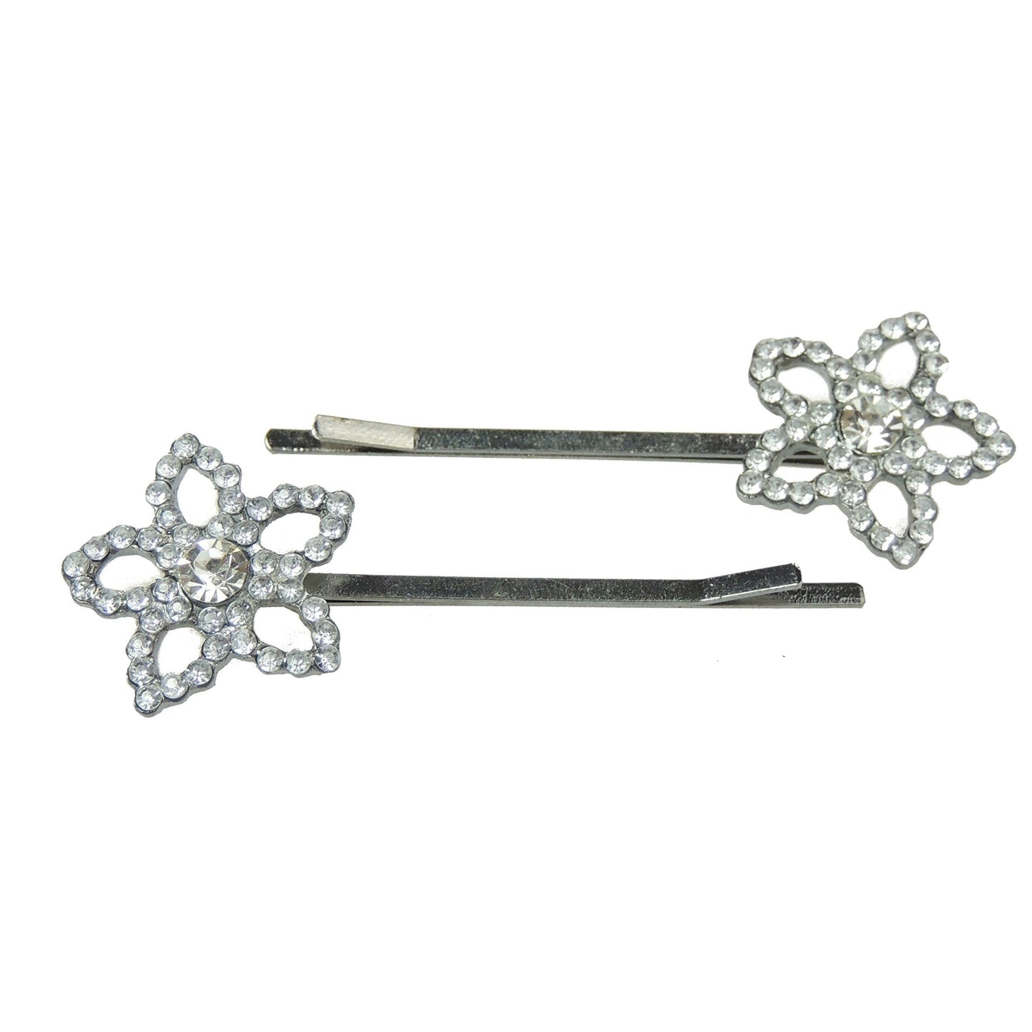 Womens Girls Sparkly Bow Jeweled Crystal Diamante Party Birthday Christmas Bridal Wedding Accessories Slides Hairpin Hair Clips Grips Bobby Pins Set of 2 Silver Tone Flowers Floral Daisy Clear