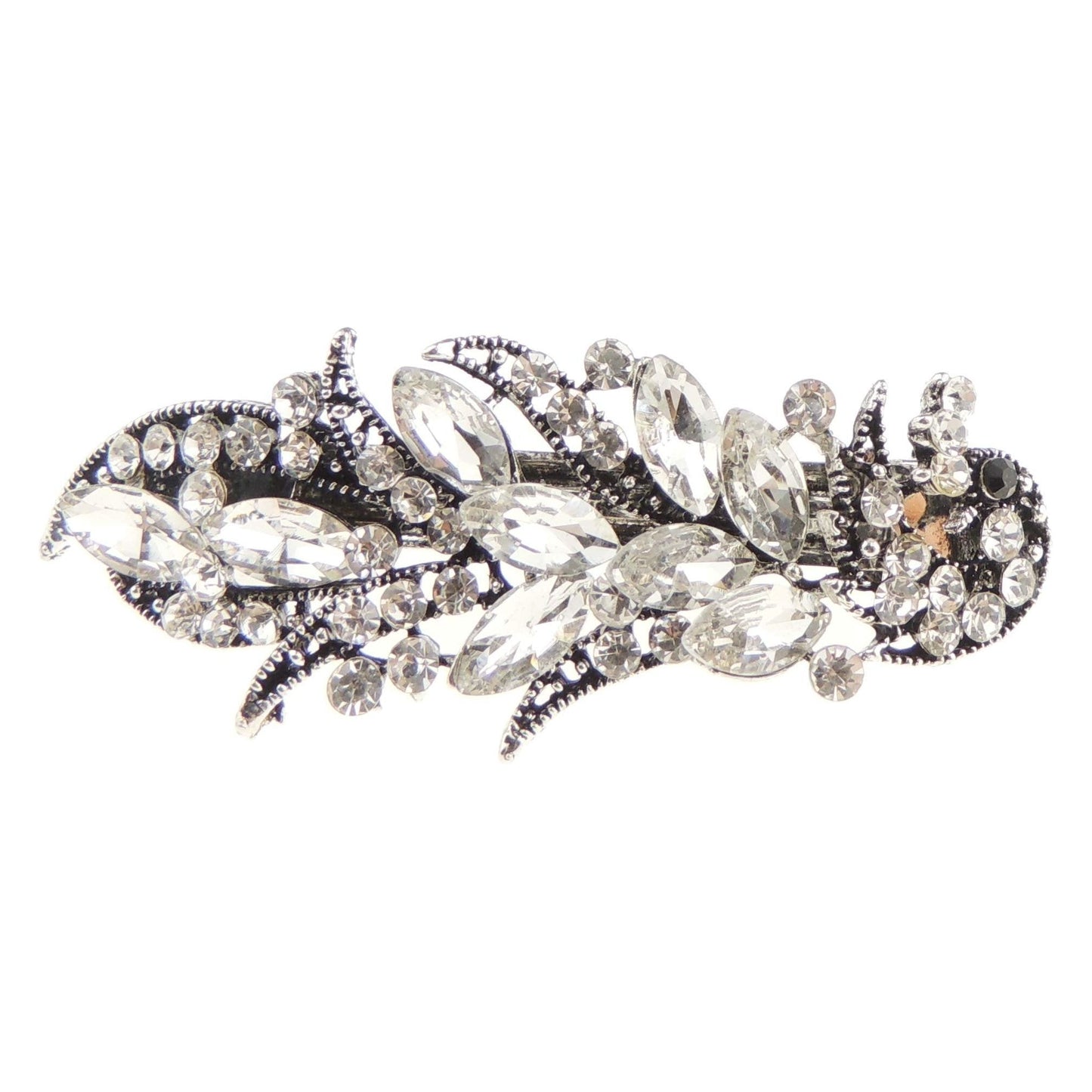 Womens Girls Crystal Rhinestone Diamante Wedding Birthday Party Evening School Ponytail Fine Medium Bridal Hair Accessories Occasion Barrette Hairpin Grip French Spring Clip Silver Tone Small Peacock