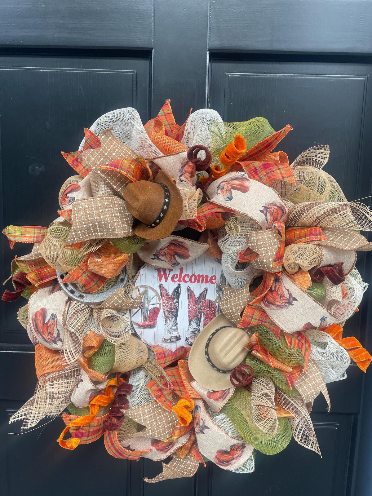 Luxury Southern Charm Welcome Wreath | Western Ranch Front Door Decor | Horse Lover Farmhouse Wreath