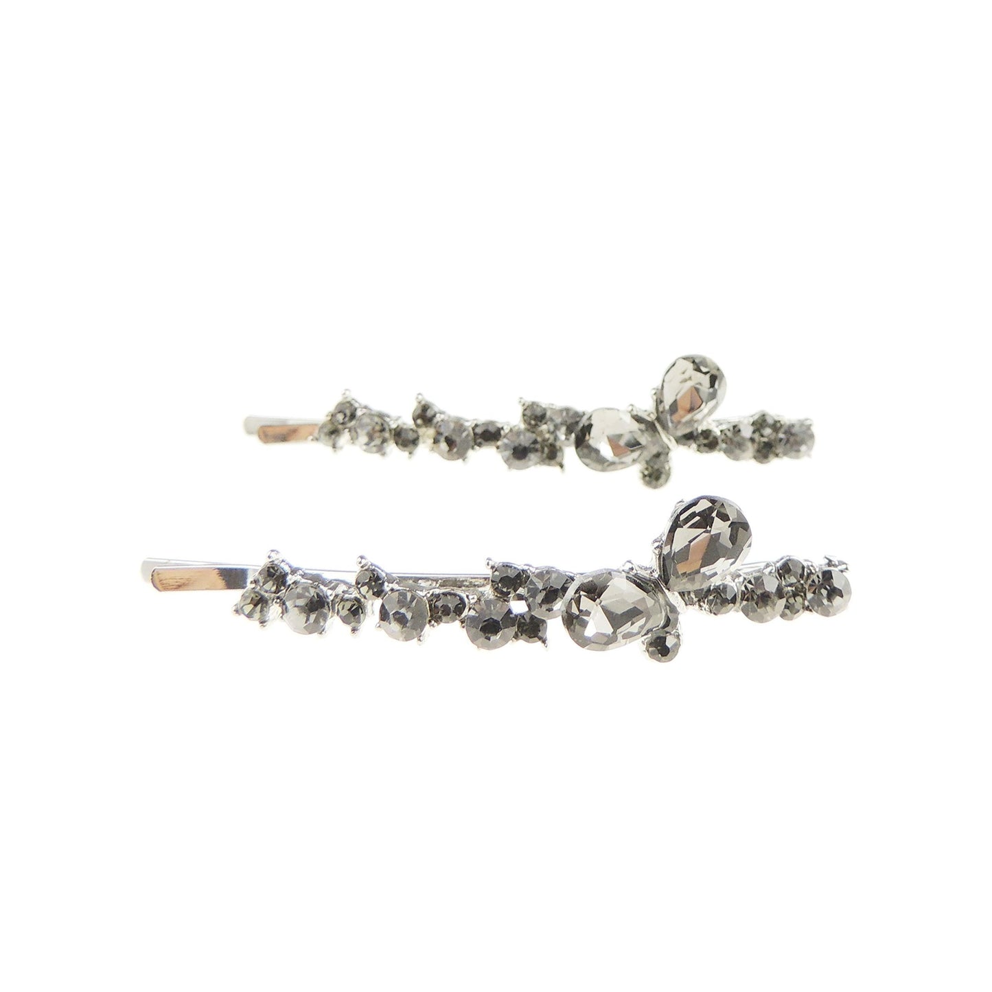 Ladies Evening Sparkly Crystal Diamante Clear Silver Tone Stone Pair of 2 Hair Grips Butterfly