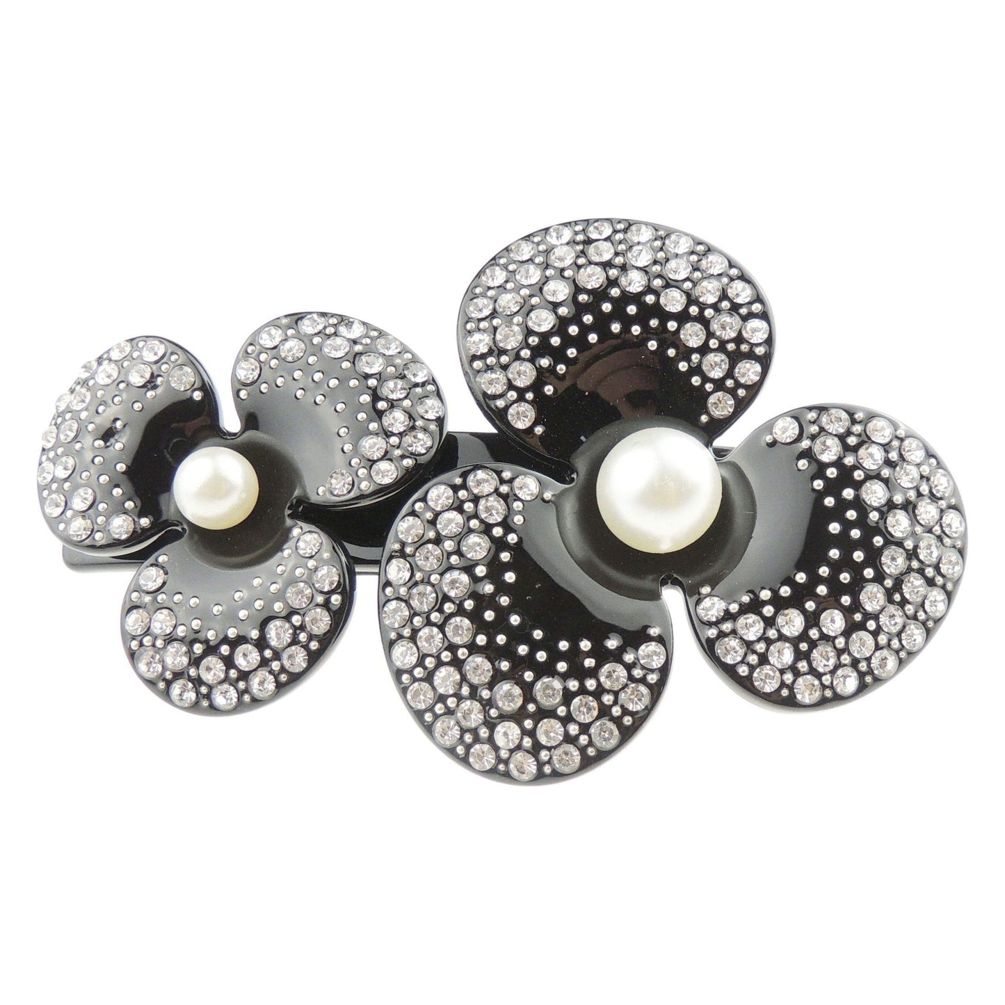Womens Girls Large Faux Pearl Crystal Rhinestone Diamante Wedding Birthday Party Evening School Ponytail Fine Hair Accessories Barrette Hairpin Grip French Spring Clip Black Flower (Clear Crystals)
