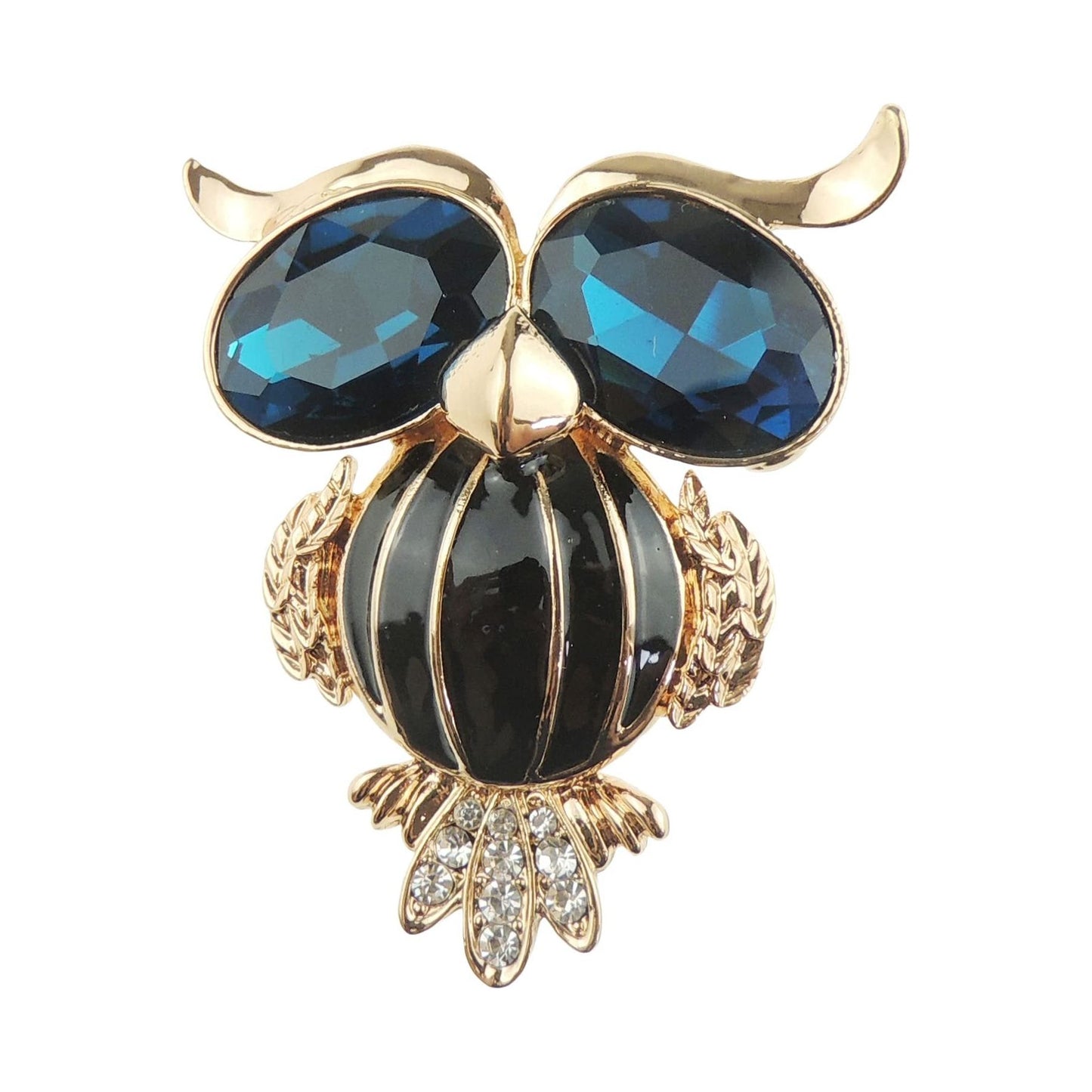 Ladies Mens Diamante Crystal Large Eyes Fat Owl Bird Brooch (Navy Silver Tone)