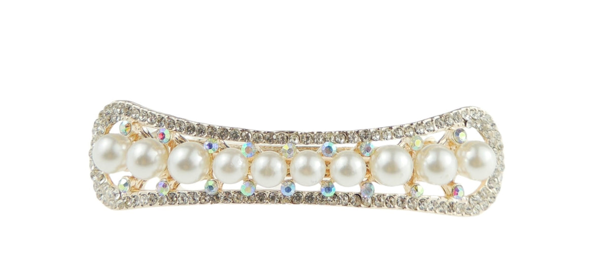 Womens Girls Wedding Bridal Party Evening Ponytail Fine Hair Accessories Occasion Barrette Hairpin Grip French Metal Spring Clip Gold Tone Ivory Crystal Faux Pearl