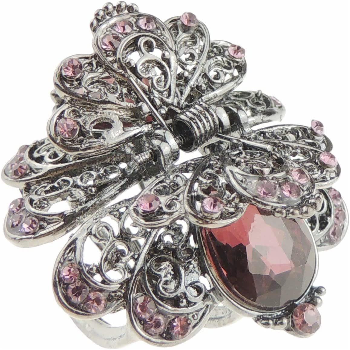Women Girls Crystal Diamante Rhinestone Gems Vintage Look Silver Grey Tone Metal Bridal Wedding Evening Party Fine Short Hair Accessories Metal Claw Jaw Clip Octopus Clamp MINI 4cm Butterfly