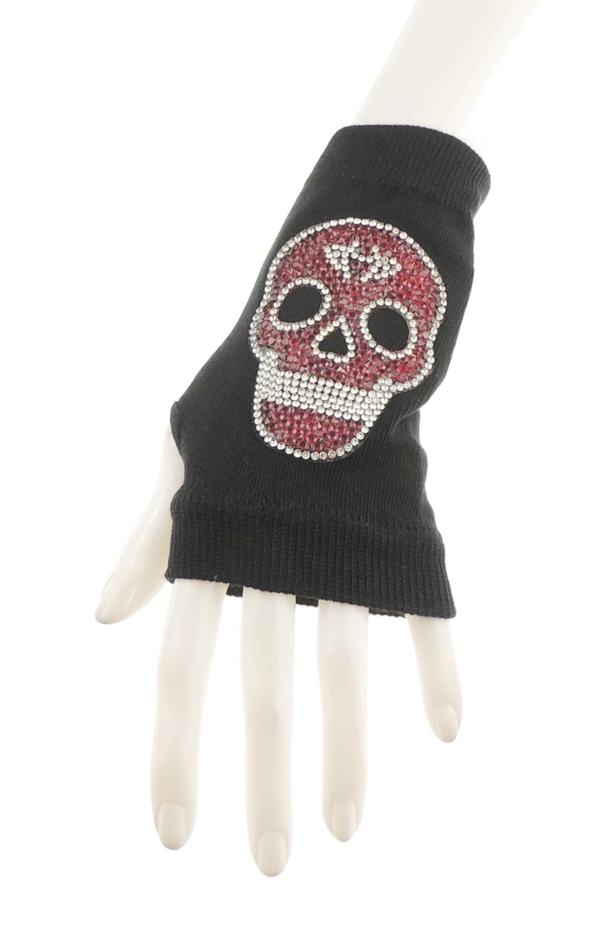 Womens Crystal Black Diamante Skull Crossbones Goth Steam Punk Rock Fancy Dress Knitted Knit Driving Christmas Birthday Gift Idea Warmers Fingerless Half Gloves Mitts Mittens (Grey, One Size)