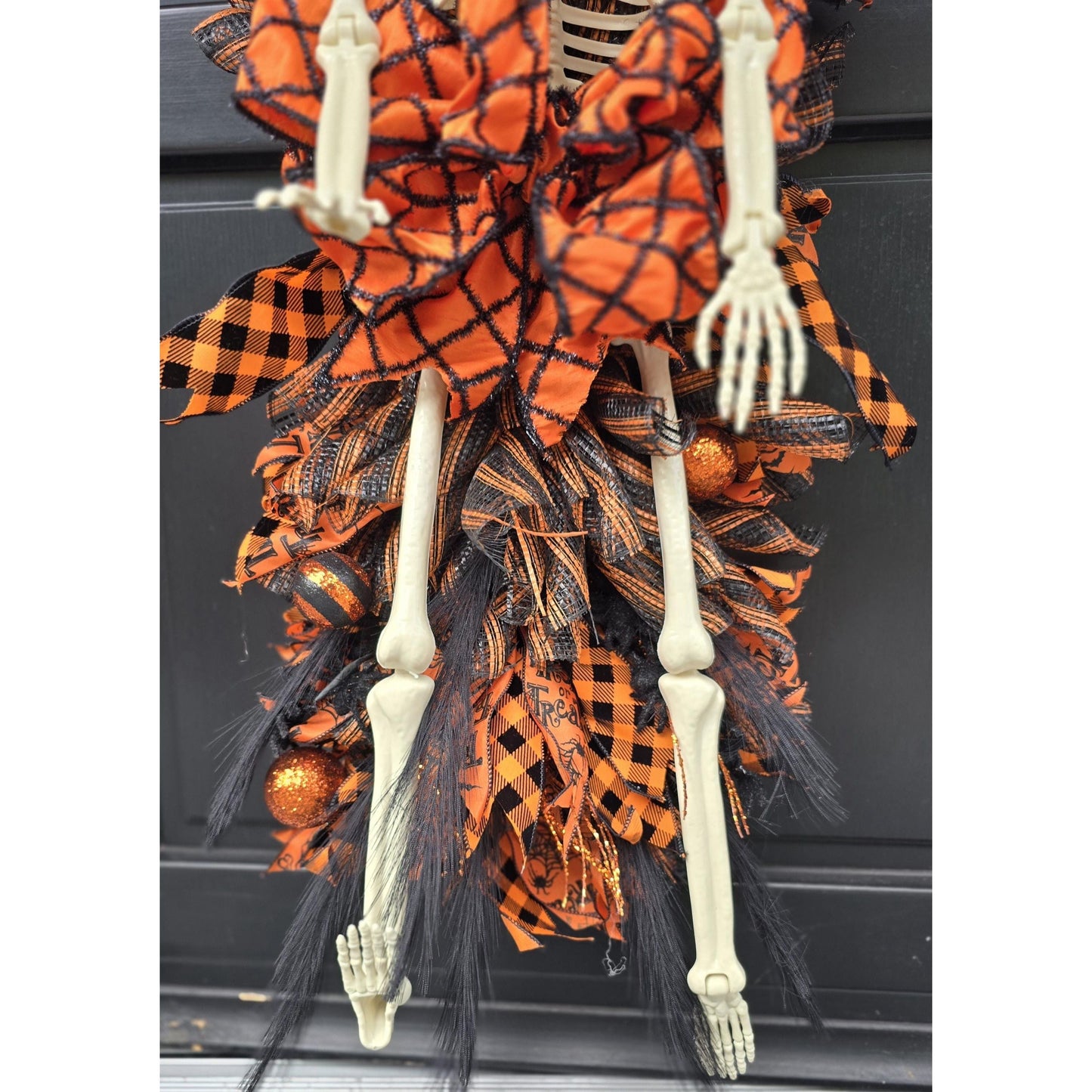 XXL Skeleton Orange Halloween Front Door Wreath Gothic Hanger Wall Porch Hanger Handmade House Home Decor Decorations Whimsical Skelly Glam