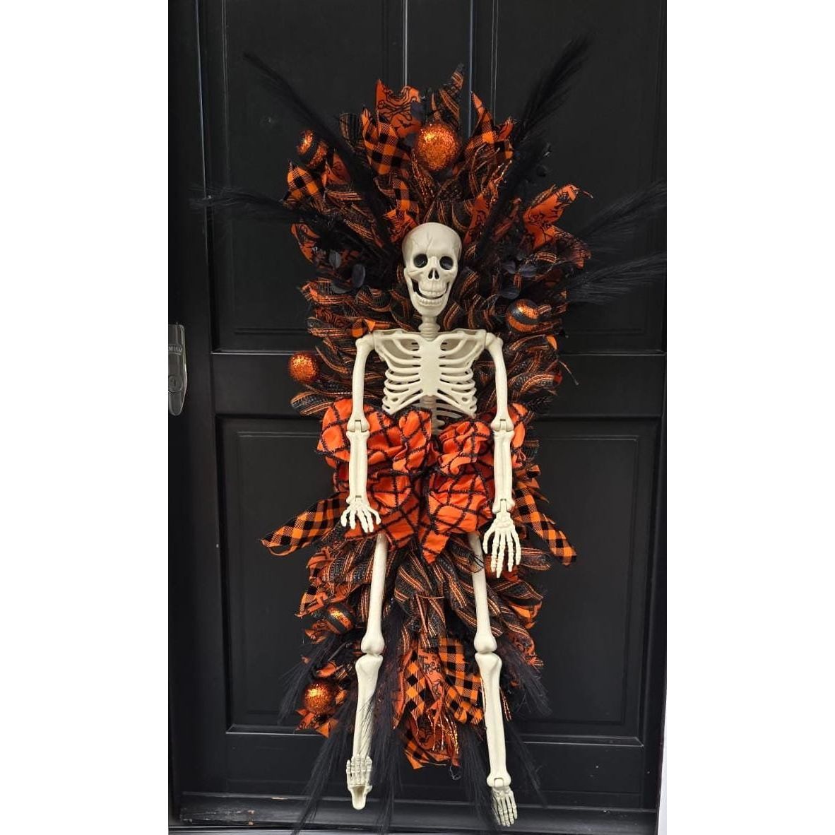 XXL Skeleton Orange Halloween Front Door Wreath Gothic Hanger Wall Porch Hanger Handmade House Home Decor Decorations Whimsical Skelly Glam