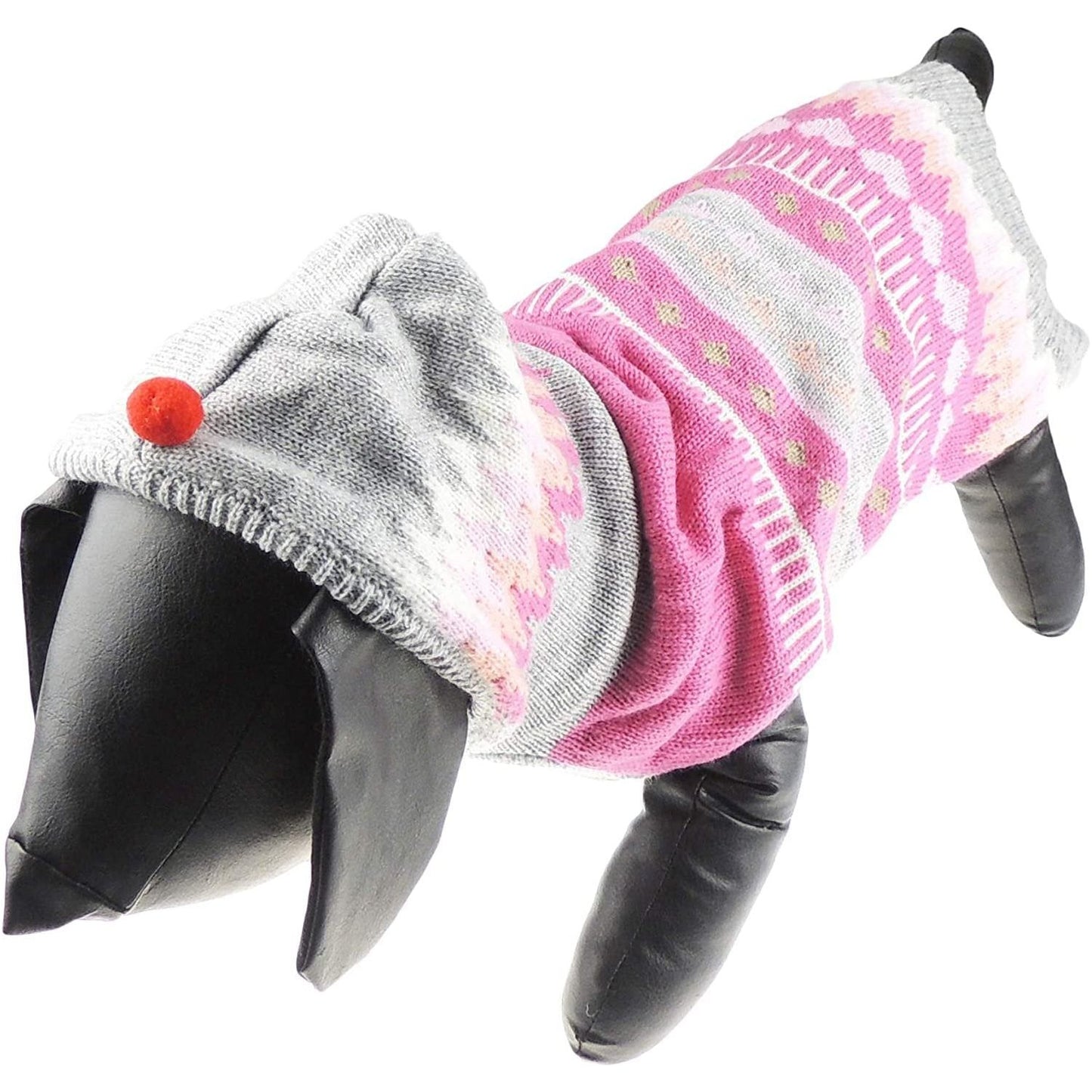 Festive Christmas Cute SMALL DOG ONLY Puppy Kitten Cat Outfit Warm Everyday Winter Girl Boy Jumper Coat Clothes Ideas Pullover Wooly Knitted Sweater Apparel Hoodie Pink Grey Hearts Fair Isle (Large)