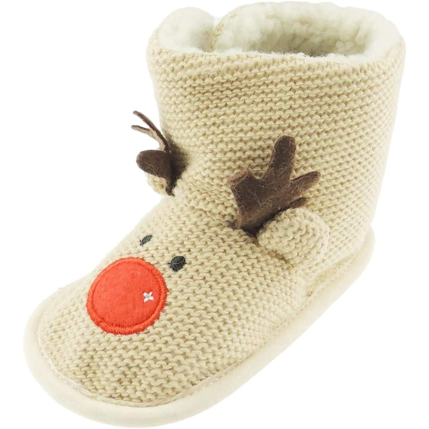 Glamour Girlz Baby Girls Boys Brown Knit Christmas Red Nosed Reindeer Boots Booties