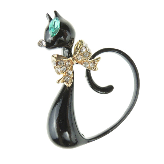 Formal Lapel Scarf Brooch Crystal Cat Tail Curled Up Enamel Green Eyes (Black)