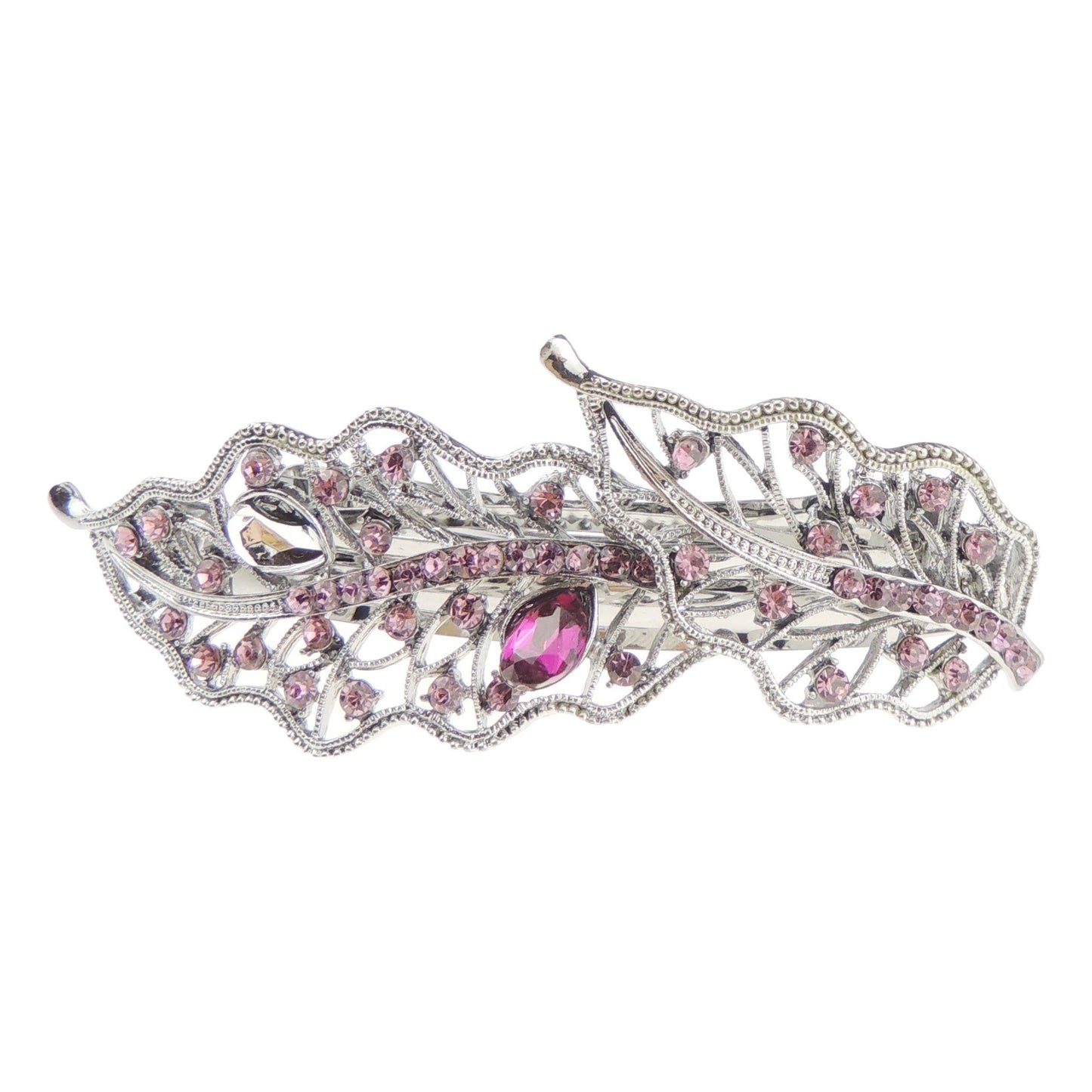 Vintage Look Womens Girls Crystal Rhinestone Diamante Wedding Bridal Party Evening Ponytail Fine Hair Accessories Occasion Barrette Hairpin Grip French Metal Spring Clip Leaf Leaves Silver Tone